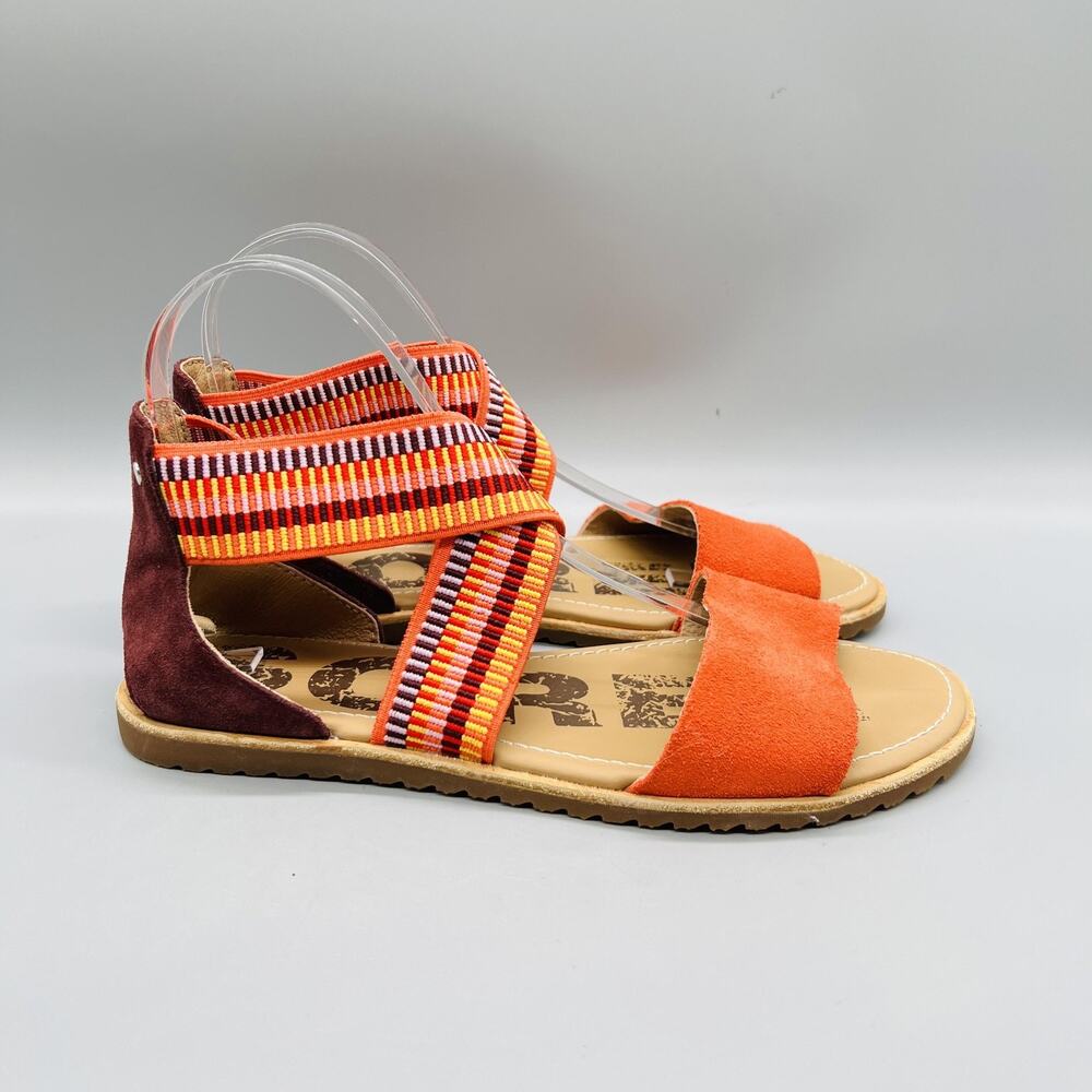Sorel Sandals Womens 8 Orange Suede Striped Strappy Elastic Flat Casual Shoes